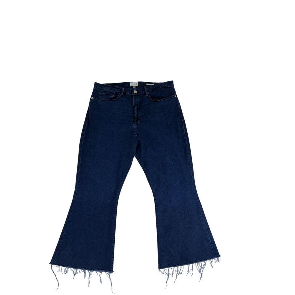 FRAME Le Crop Flare Raw After Jeans High Rise Ankle Fiona Dark Wash Blue Size 34 - Picture 3 of 8